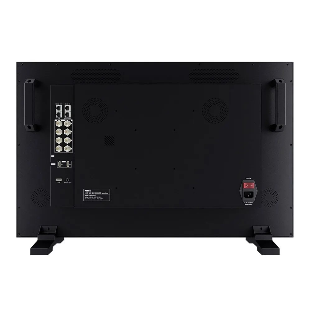 Jands Production Monitor 27&Quot; 12G-Sdi 4K Hdr Back view of a large black professional monitor with multiple input connectors on the left and a red power switch.