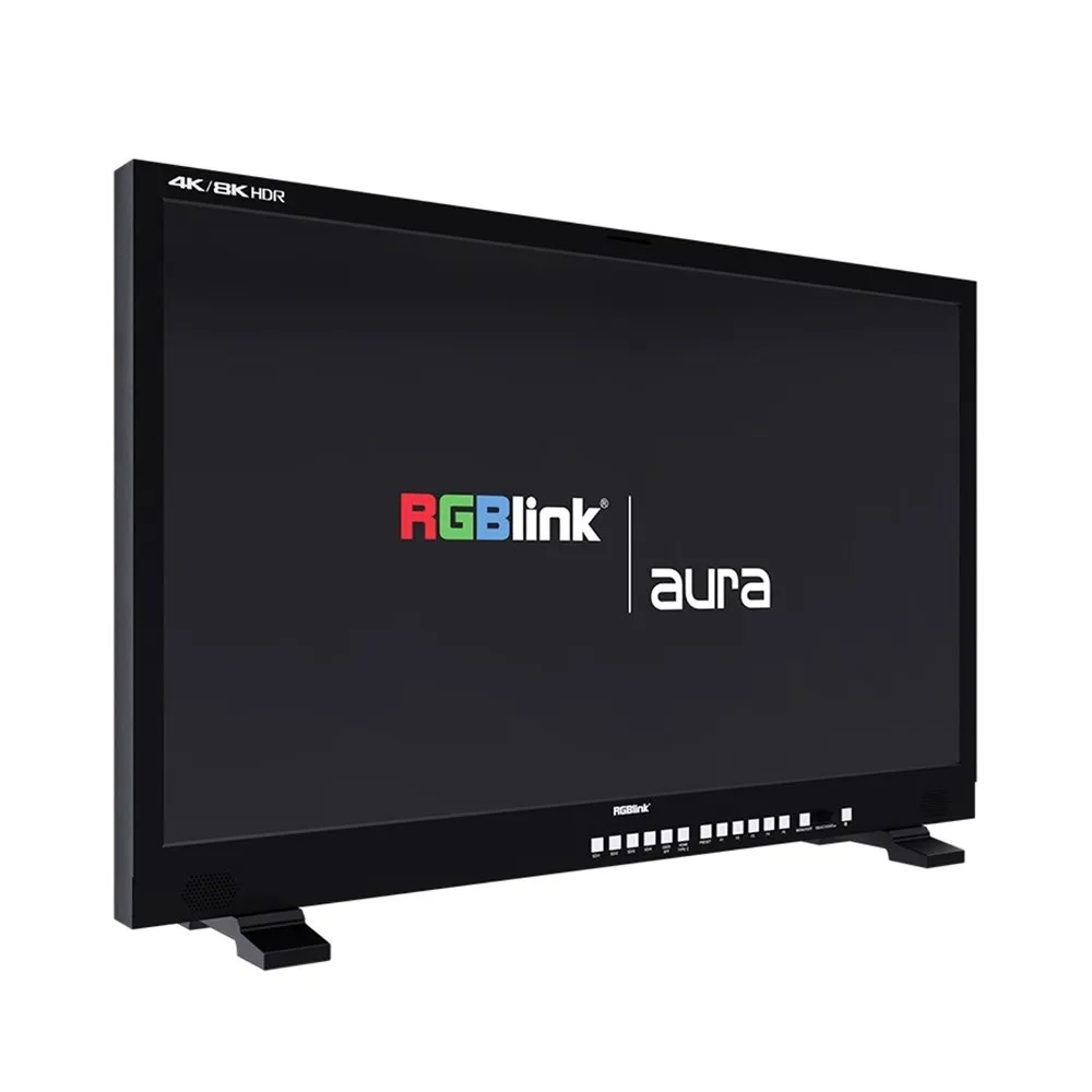 Jands Production Monitor 27&Quot; 12G-Sdi 4K Hdr Rgblink aura 4k/8k hdr monitor with black bezel and dual-foot stand.