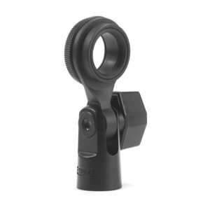 Shure microphone shock mount with circular knurled ring yoke and adjustable hinge.