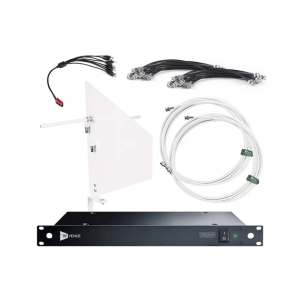 RF Venue Distro HDR rack-mount wireless distribution hub with antenna panel and black coax and white control cables.