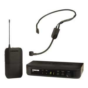 Shure BLX4 wireless microphone receiver with beltpack transmitter and head-worn headset microphone.