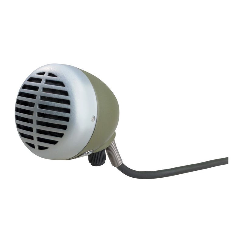 Jands 520Dx Green Bullet Harmonica Microphone With 6.1M Cable And ¼&Quot; Jack Round olive-green vintage electric space heater with front grille, black adjustment knob, and attached power cord.
