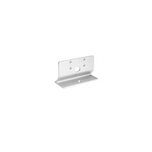 Silver metal L-shaped mounting bracket with multiple screw holes on vertical face and base.