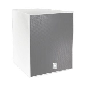 Electro-Voice loudspeaker cabinet with white enclosure and black perforated grille.