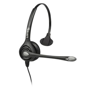 Listen wired headset with boom mic, black over-ear design, single earpiece, adjustable headband.