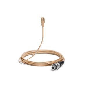 Beige lavalier microphone with long coiled cable and metal circular connector.