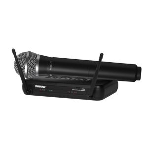 Shure SVX4 wireless microphone system with handheld microphone and dual-antenna receiver.