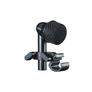Shure microphone with a black metal mesh grille mounted on a clamp-style holder
