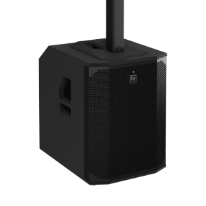 Electro-Voice portable PA speaker with front grille, black cabinet, built-in pole mount, and side handles.