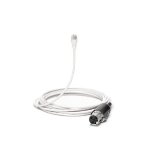 White lavalier microphone with long cable and circular multi-pin connector.
