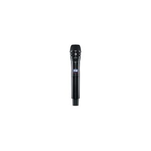 Wireless handheld microphone with black body, metal mesh grille, and small display panel.
