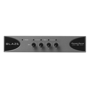 Blaze PowerZone 504 four-channel audio processor front panel with four gain knobs and standby/status indicators.