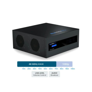 BLUSTREAM video processor with front display, dual side cooling fans, supports 4K 60Hz 4:4:4 and 1080p with audio breakout.
