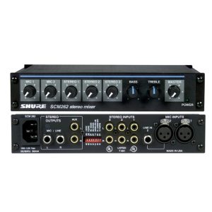 Shure SCM262 stereo mixer with two mic inputs, three stereo channels, bass and treble controls, and master output.