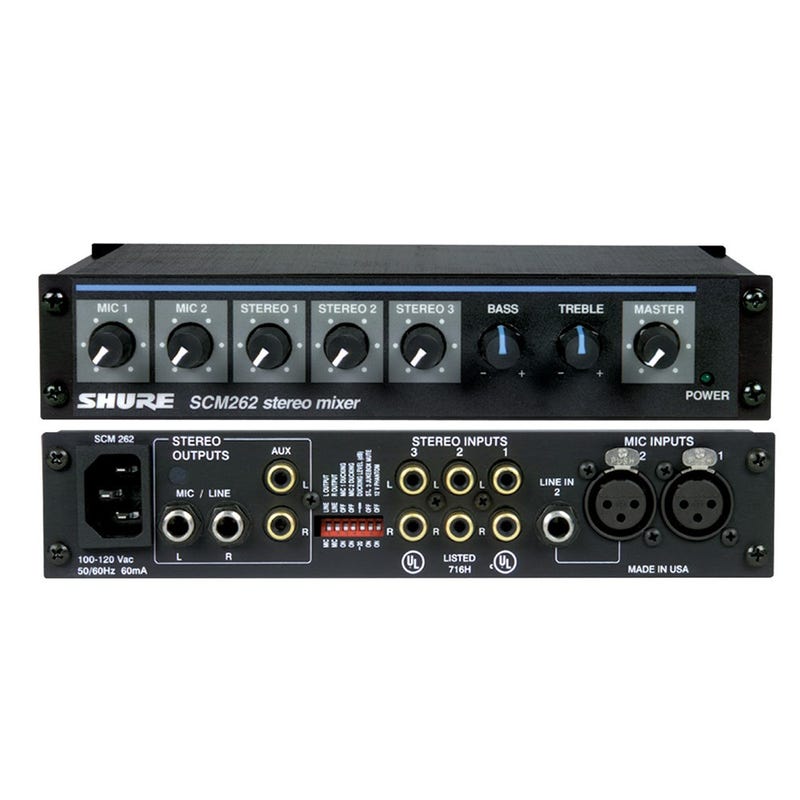 Jands Audio Mixer 5 Channel Stereo Scm262 With 2X Xlr Mic &Amp; 3X Stereo Line Inputs Shure scm262 stereo mixer with two mic inputs, three stereo channels, bass and treble controls, and master output.