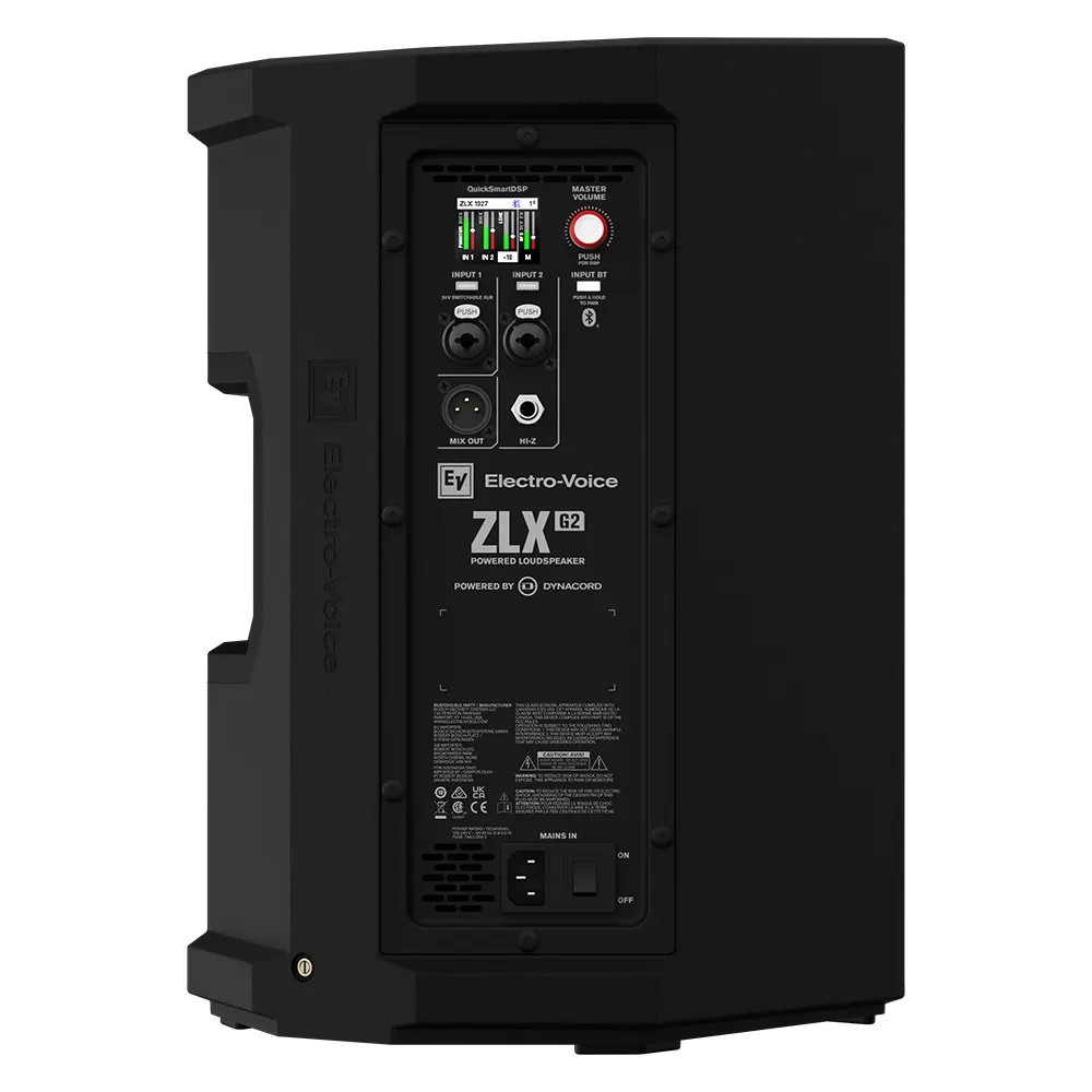 Electro-Voice Loudspeaker Powered Portable Zlx-G2 12&Quot; Lf 1.4&Quot; Hf 1000W Dsp Bluetooth Electro-voice zlx g2 powered loudspeaker rear panel with input connectors and master volume knob.