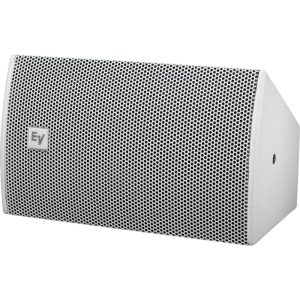 Electro-Voice loudspeaker with a white angled cabinet and perforated metal grille.