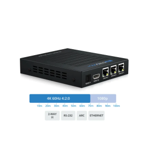 Black AV extender box with Optical In, HDMI Out, and three Ethernet ports, labeled 4K60 4:2:0.
