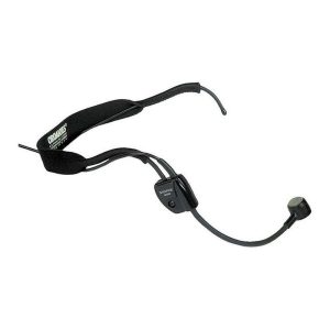 Shure wired headset microphone with adjustable boom and inline control unit.