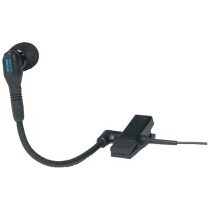 Shure lavalier microphone with foam windscreen and clothing clip, connected to a flexible coiled cable.