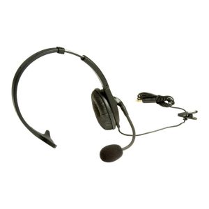 Wired over-ear headset with adjustable headband, padded cups, and black boom microphone with foam windscreen.