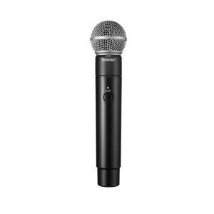 Shure handheld microphone with metal grille, black body, push button, and green status LED.