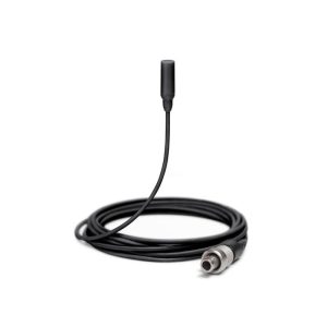 Lavalier microphone with long black cable and metal locking connector.