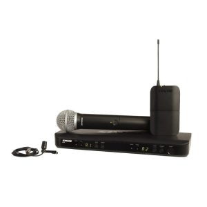 Shure wireless microphone system with handheld microphone, receiver, and belt-pack transmitter.