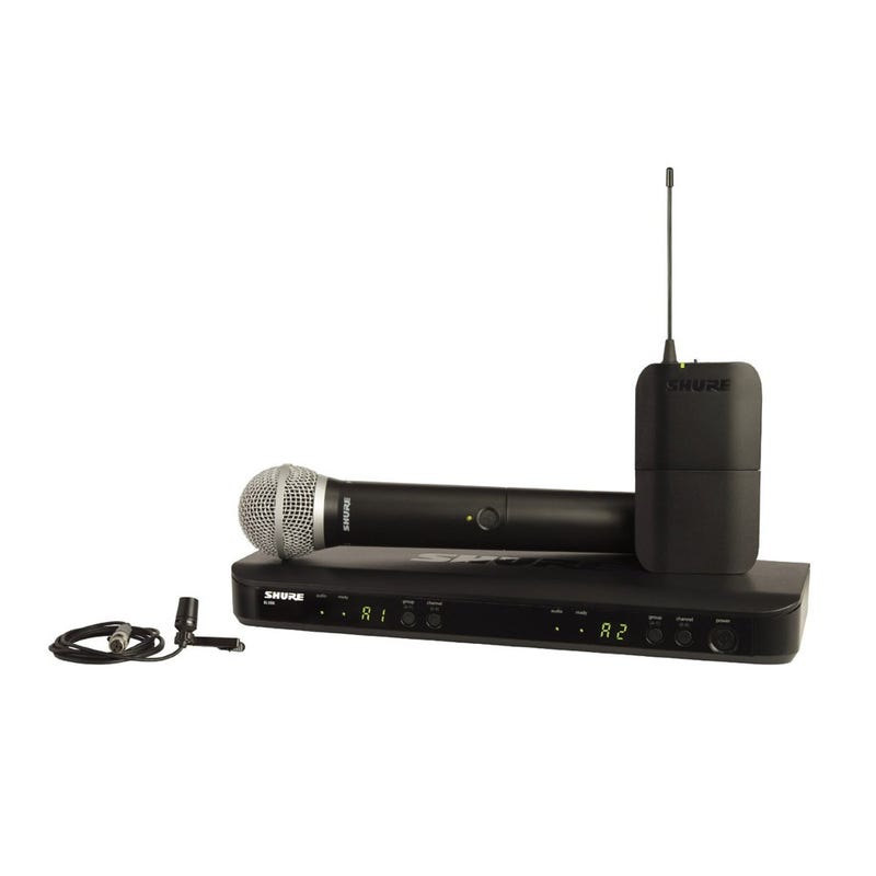 Jands Blx Wireless Dual Mic System – Blx1 Cvl Lavalier &Amp; Blx2/Pg58 Handheld With Blx88 Receiver (662–686 Mhz) Shure wireless microphone system with handheld microphone, receiver, and belt-pack transmitter.