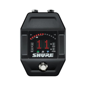 Shure wireless microphone receiver with front panel LED display, group and channel controls, and a large dial.