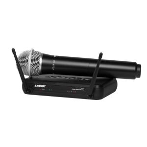Shure wireless handheld PG58 microphone on top of SVX4 antenna-diversity receiver base.