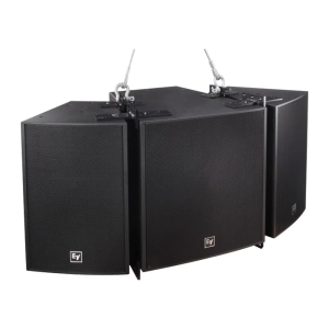 Electro-Voice PA loudspeaker trio with metal grille fronts and suspended mounting hardware.