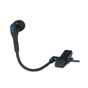 Shure lapel microphone with foam windscreen on flexible gooseneck and clip-on mounting base.