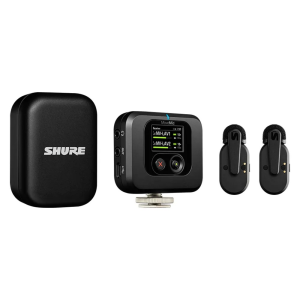 Shure MoveMic wireless microphone system with compact receiver, two lavalier mics, and a carrying case.