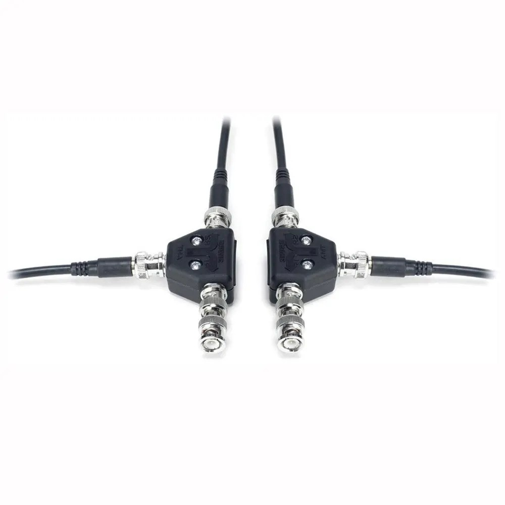 Jands Shure Ua221 Antenna Splitter/Combiner – 2 In / 1 Out Bnc With Cables &Amp; Mounting Hardware Pair of black right-angle coaxial rf adapters with silver threaded connectors and attached cables.