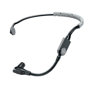 Behind-the-head headset with gray adjustable band, inline control, and small curved microphone boom.