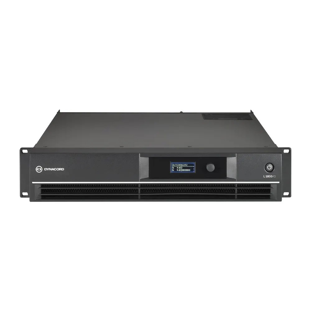 Dynacord L Series Dsp Power Amplifier 2 X 950W @ 4 Ohms Dynacord l1800fd rack-mount power amplifier front panel with display, knob, and ventilation grille.