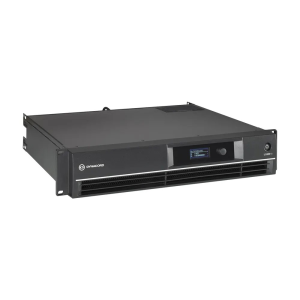 Dynacord rack-mount power amplifier with front LCD display, control knob, and ventilation grille.