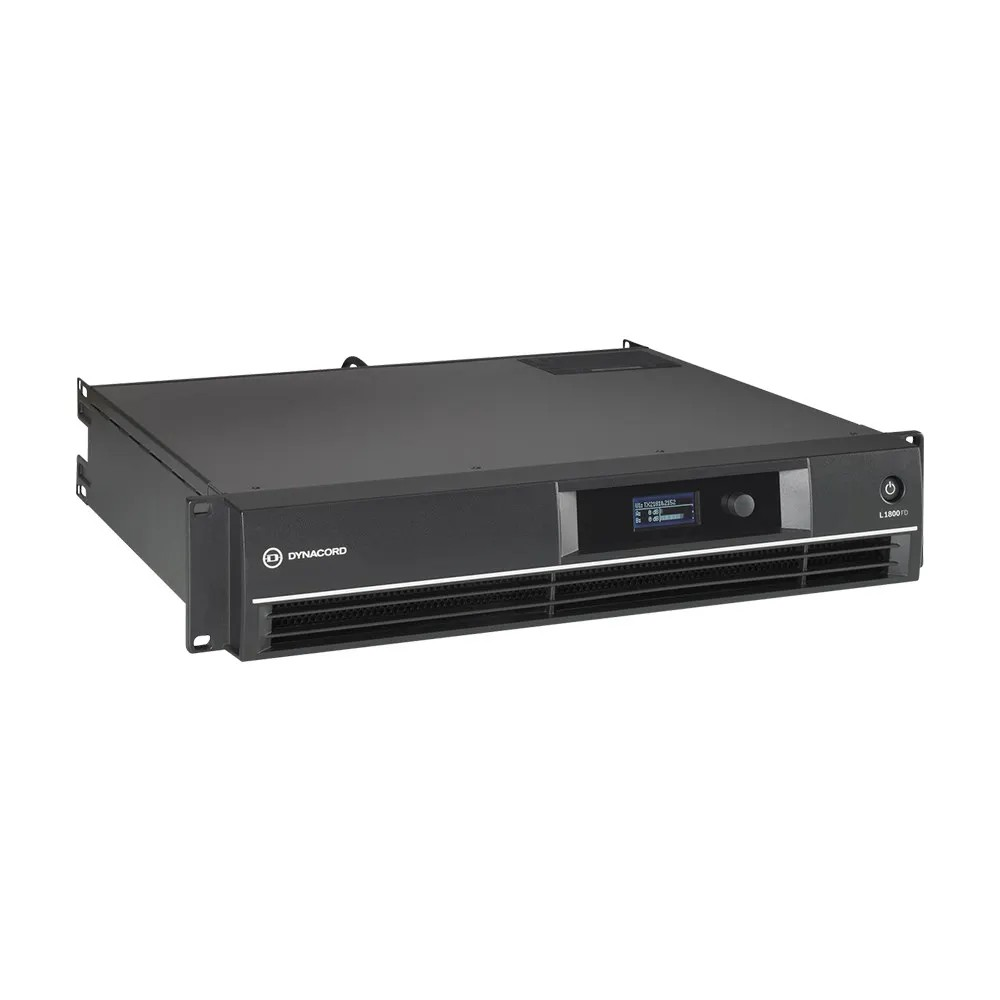 Dynacord L Series Dsp Power Amplifier 2 X 950W @ 4 Ohms Dynacord rack-mount power amplifier with front lcd display, control knob, and ventilation grille.