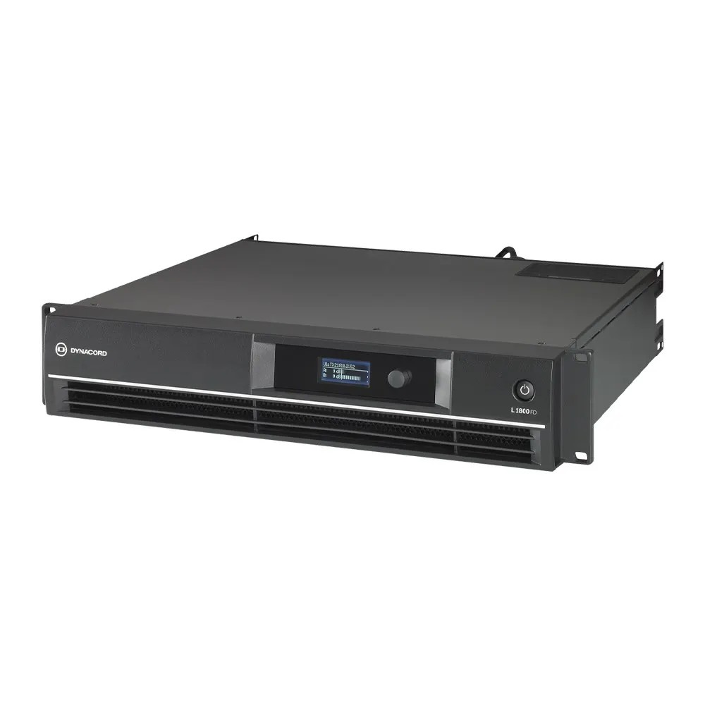 Dynacord L Series Dsp Power Amplifier 2 X 950W @ 4 Ohms Dynacord l1800fd rack-mount power amplifier with front lcd display, control knob, and dual ventilation grills.