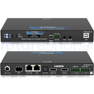 Blustream IP350UHD-TX HDMI UHD transmitter with Dante support, USB, Ethernet, SFP, and HDMI input/output on rear panel.