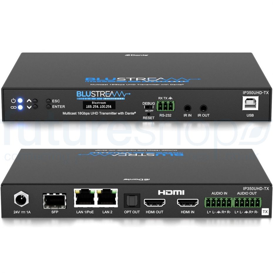 Blustream Ip350Uhd-Tx Blustream ip350uhd-tx hdmi uhd transmitter with dante support, usb, ethernet, sfp, and hdmi input/output on rear panel.