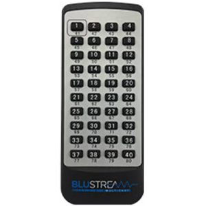 Bluestream universal remote with gray numeric keypad, black curved body, blue logo at bottom.
