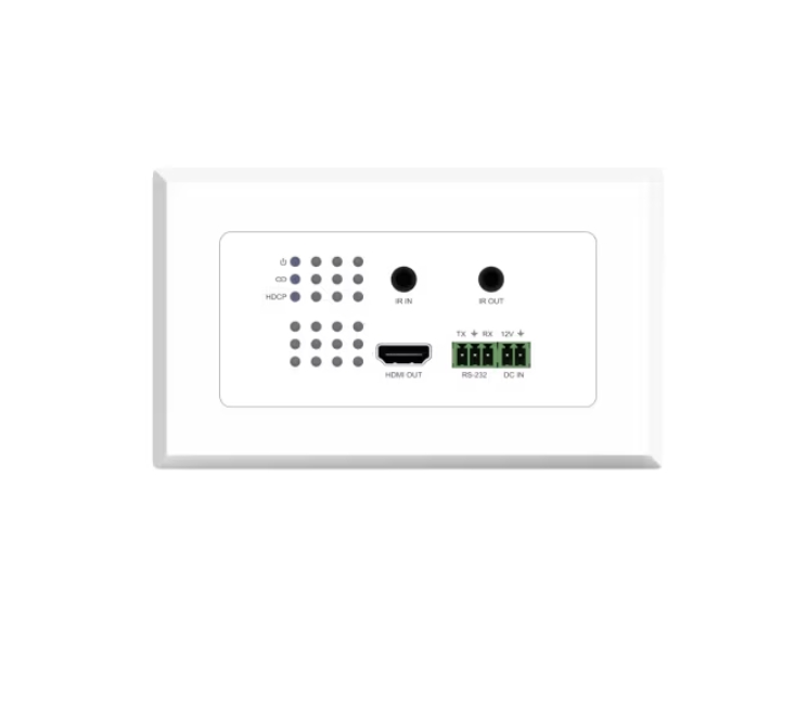 Blustream Hex11Wpw-Rx White wall-mounted av panel with hdmi output, ir in/out jacks, rs-232, and dc input.