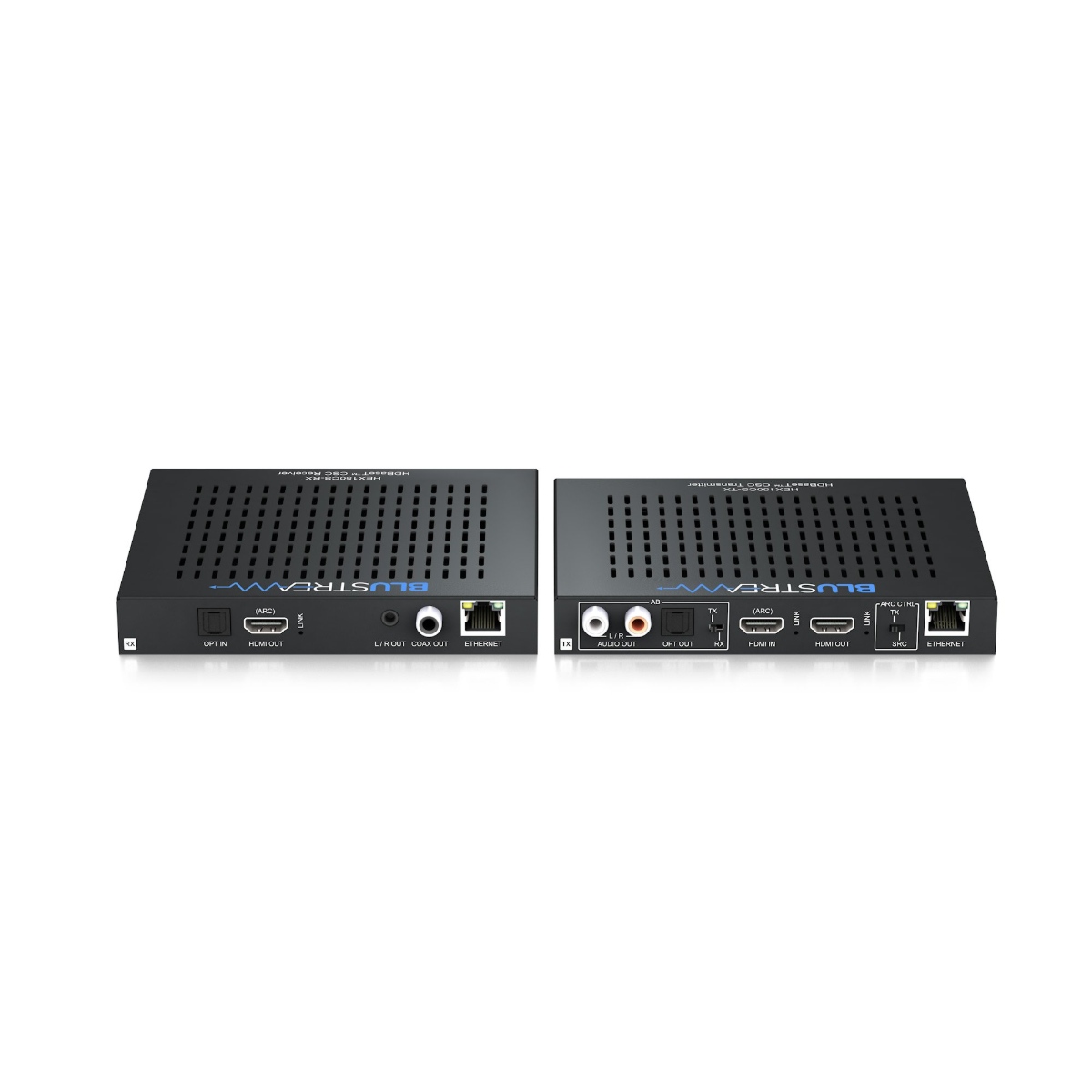 Blustream Hex150Cs-Kit Blustream hdmi over ip transmitter and receiver pair, black enclosures with ethernet and hdmi ports.