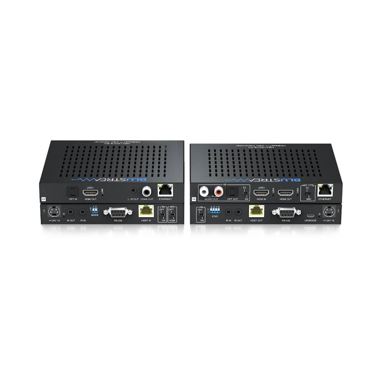 Blustream Hex150Cs-Kit Blustream hdmi over hdbaset extender pair with ethernet, rs-232, ir, audio, and hdmi ports in compact enclosures.