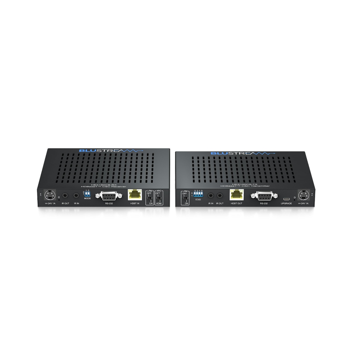 Blustream Hex150Cs-Kit Bluestream hdbaset transmitter and receiver pair in black metal enclosures with hdmi, rs-232, ir, and ethernet ports