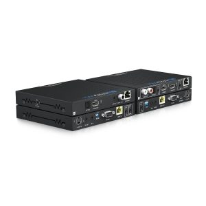 Two black HDMI over Ethernet extender units with HDMI in/out, LAN port, IR, RS-232, and RCA audio connectors.