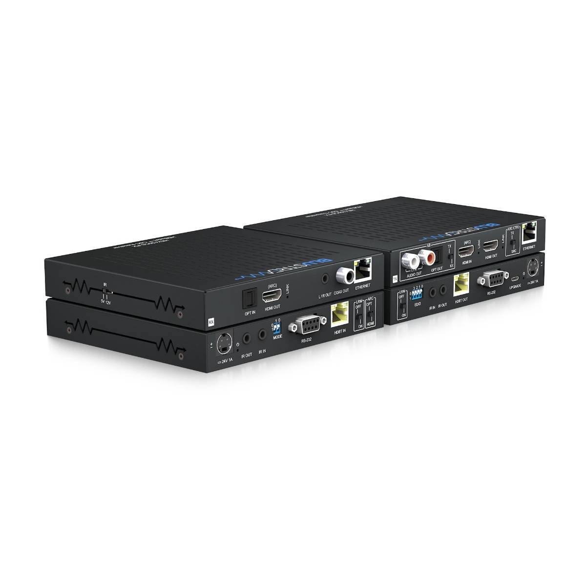 Blustream Hex150Cs-Kit Two black hdmi over ethernet extender units with hdmi in/out, lan port, ir, rs-232, and rca audio connectors.