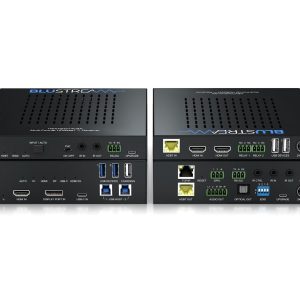 Blustream HDMI matrix switcher dual-unit chassis with multiple HDMI ports, USB 3.0 ports, Ethernet, and RS-232 controls.
